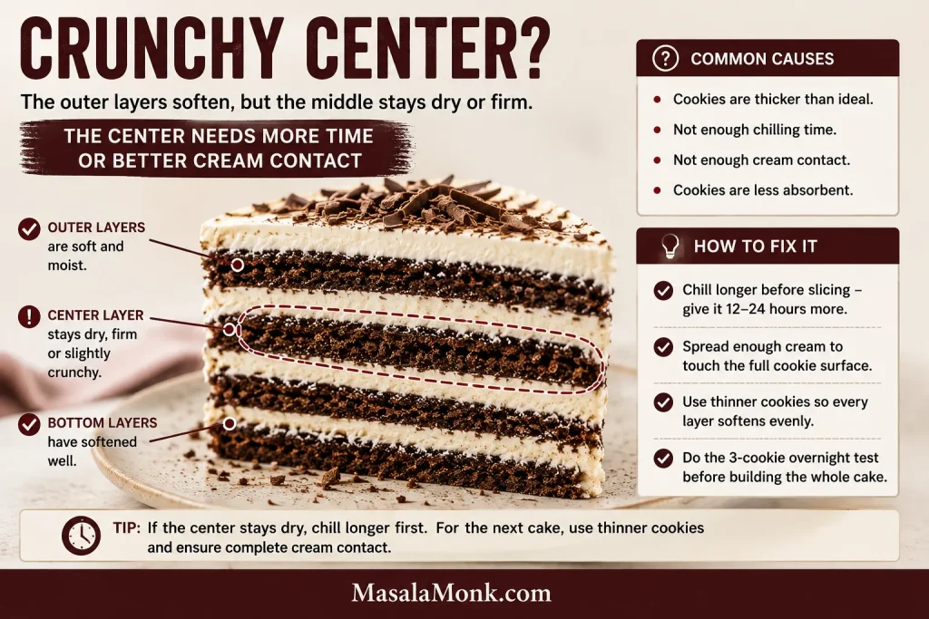 Landscape troubleshooting graphic showing an icebox cake slice with softened outer layers and a highlighted dry central cookie layer, alongside causes and fixes.