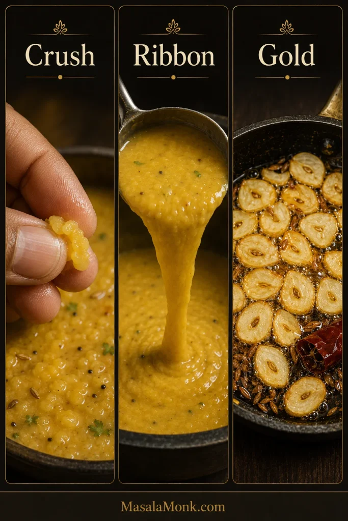 Three panels showing a soft lentil crushing, creamy dal ribboning from a ladle and sliced garlic frying until golden.