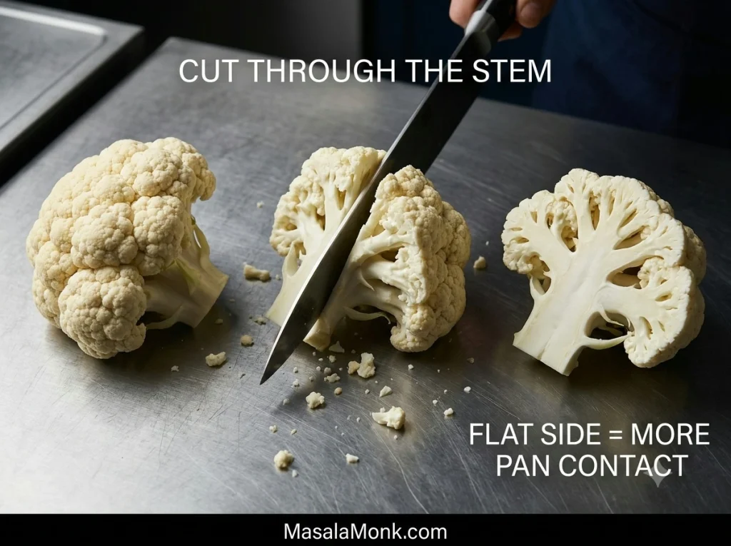 Cauliflower floret cut lengthwise through the stem to create a flat side for direct contact with the roasting pan.