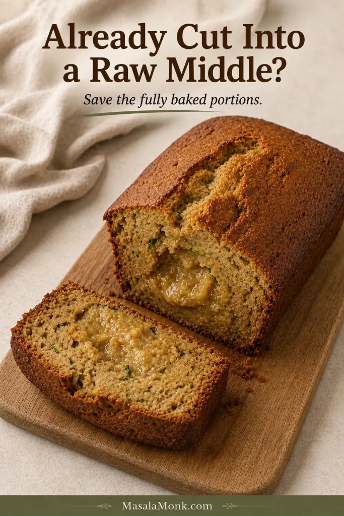 Cut zucchini bread showing fully baked outer crumb surrounding a glossy raw section in the middle of the loaf.