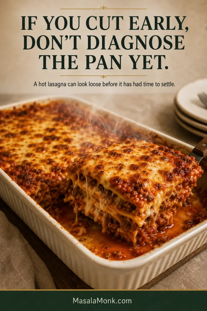 A steaming first slice lifted from hot lasagna, with molten cheese and red sauce relaxing outward around the freshly cut corner.