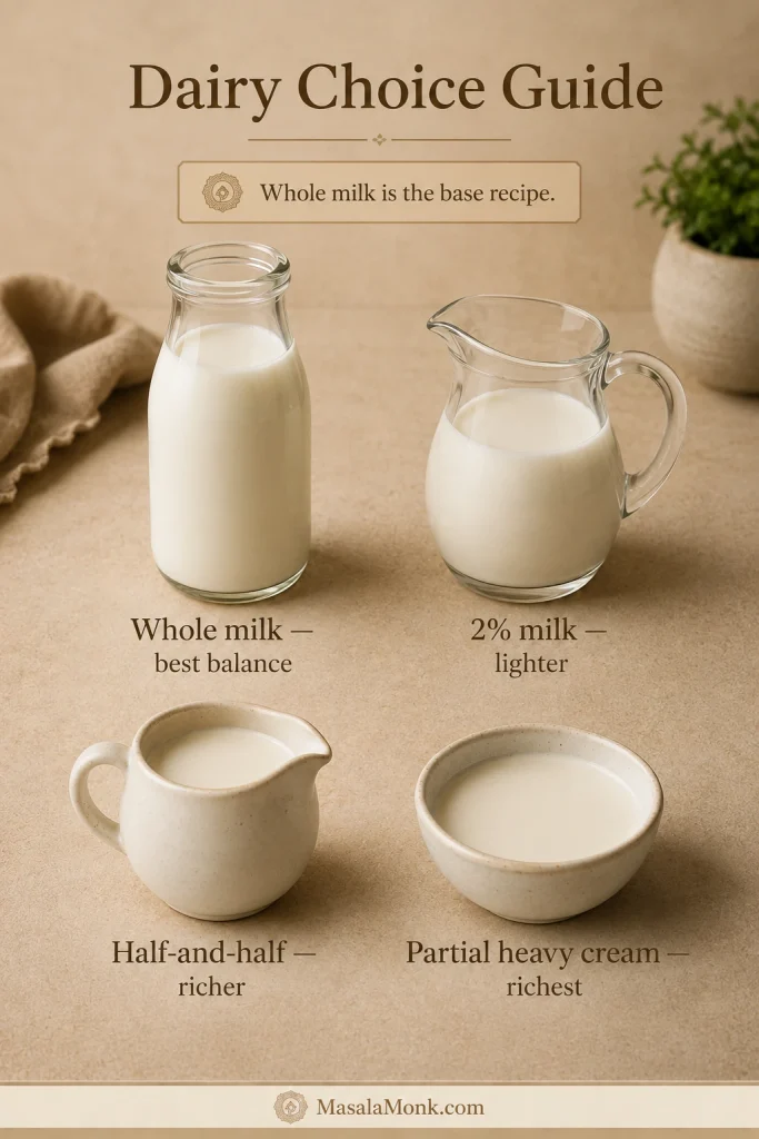 Dairy guide comparing whole milk, 2 percent milk, half-and-half and a mixture containing heavy cream for the potato casserole.