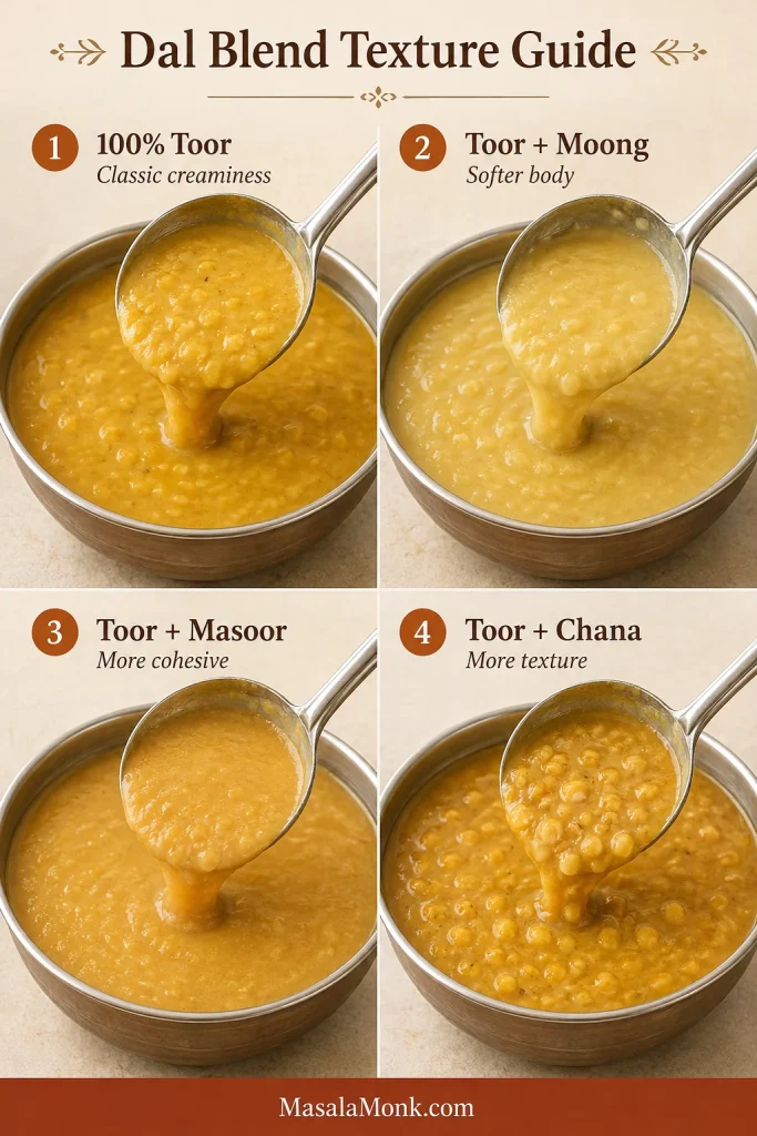 Four panels comparing cooked all-toor, toor-moong, toor-masoor and toor-chana dal blends.