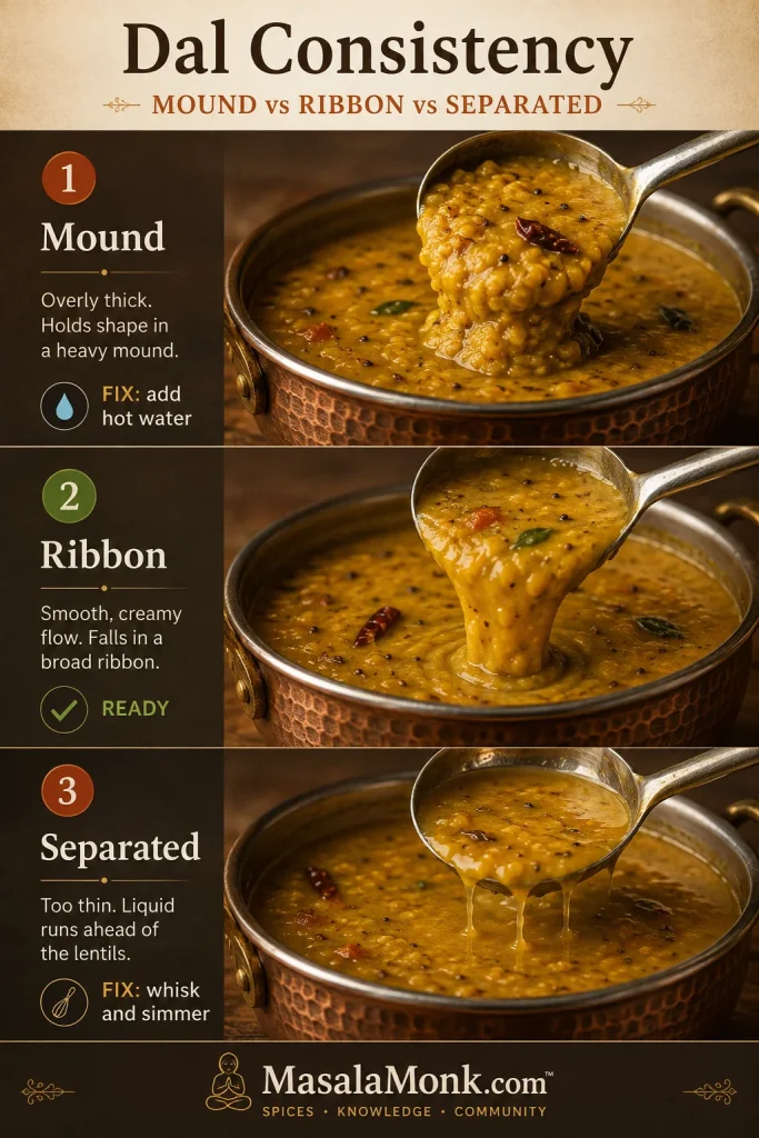 Three panels showing overly thick dal, correctly ribboning dal and separated dal with watery liquid ahead of the lentils.