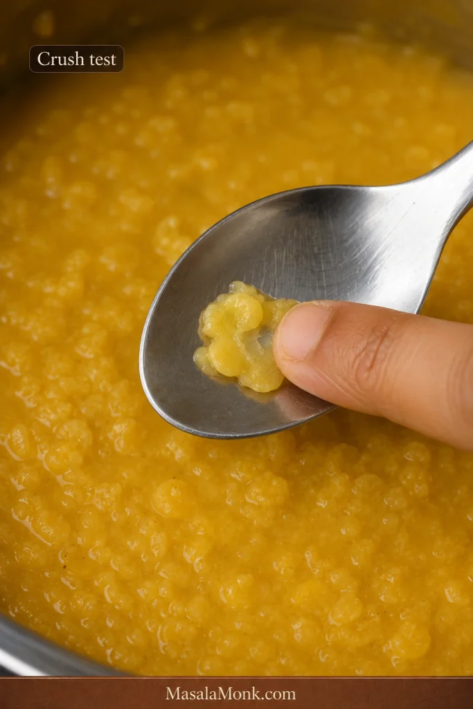 A cooked toor dal grain being pressed between fingertips and collapsing without a firm centre.
