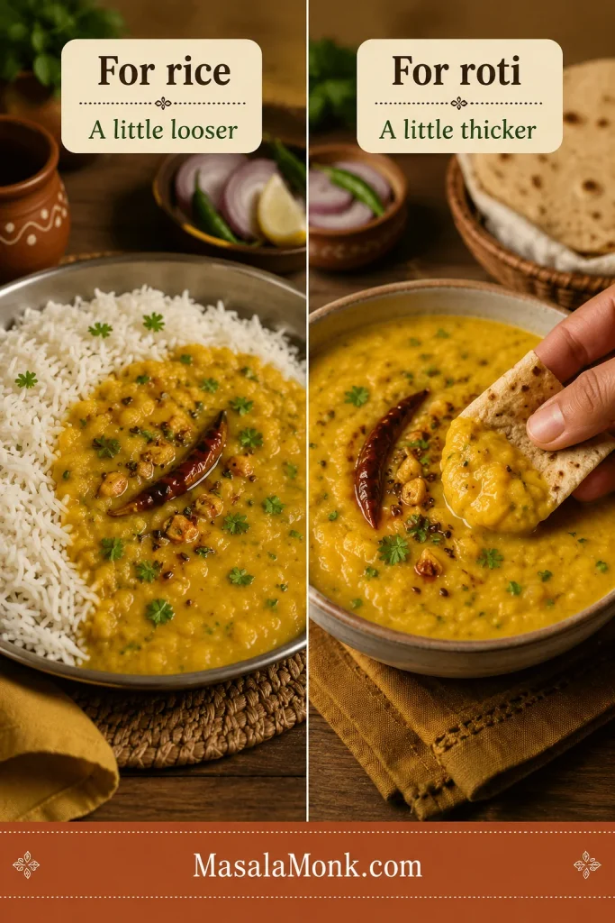 Looser Dal Tadka served with basmati rice beside slightly thicker dal being scooped with roti.