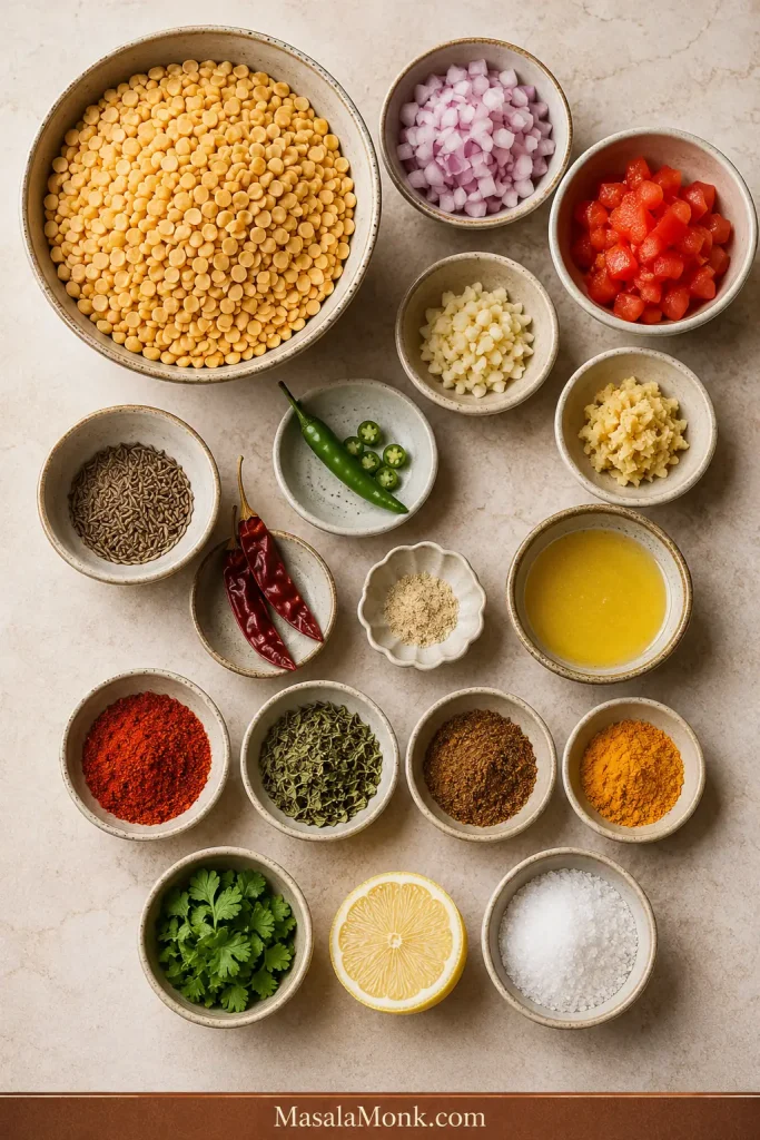 Toor dal, onion, tomatoes, garlic, ginger, cumin, chillies, spices, coriander, lemon and ghee arranged together.