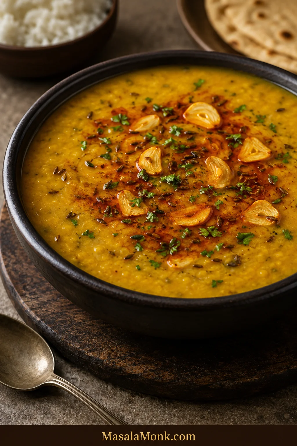 Creamy Punjabi Dal Tadka topped with red chilli ghee, thin golden garlic, cumin, dried chilli and coriander.