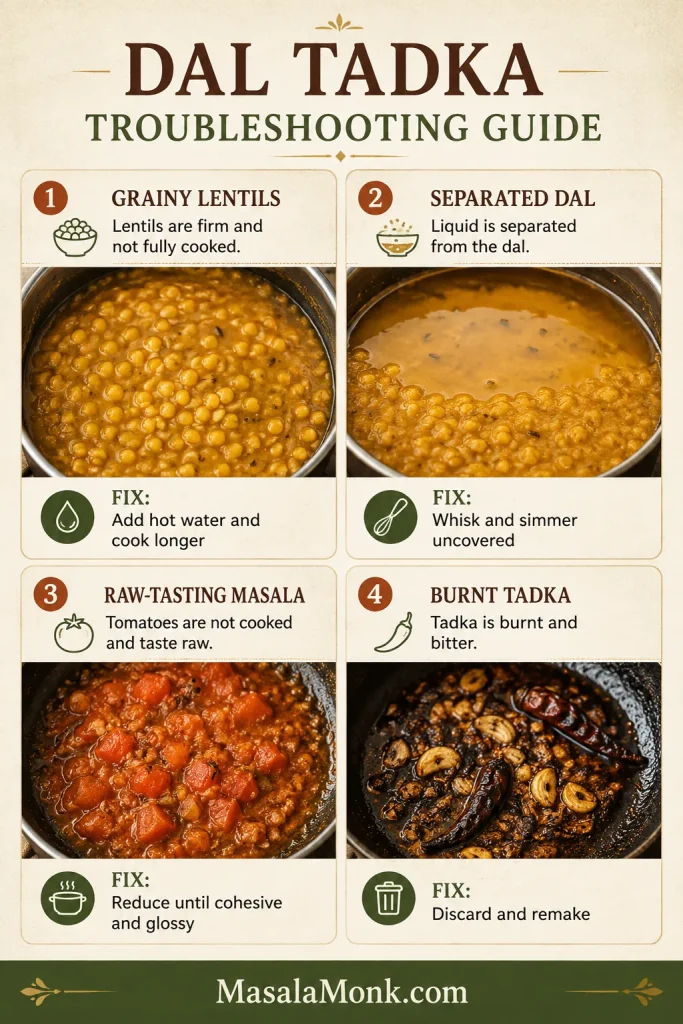 Four panels showing grainy lentils, separated dal, raw tomato masala and burnt tadka with a fix for each.