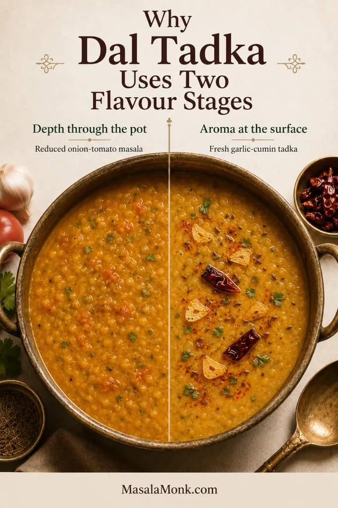 Split pot showing onion-tomato masala mixed through dal and fresh garlic-cumin tadka visible at the surface.