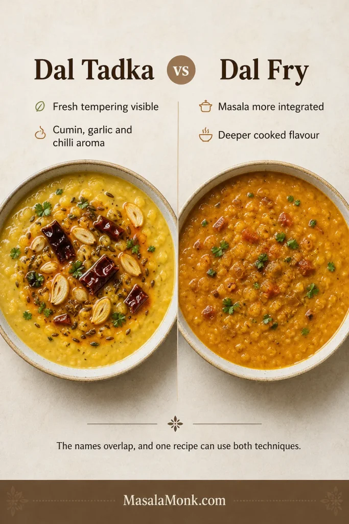 Dal Tadka with visible surface tempering beside Dal Fry with masala mixed more evenly throughout.