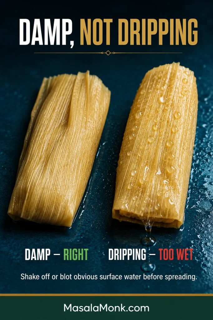 Two soaked corn husks comparing a damp pliable husk with a dripping-wet husk covered in visible water droplets.