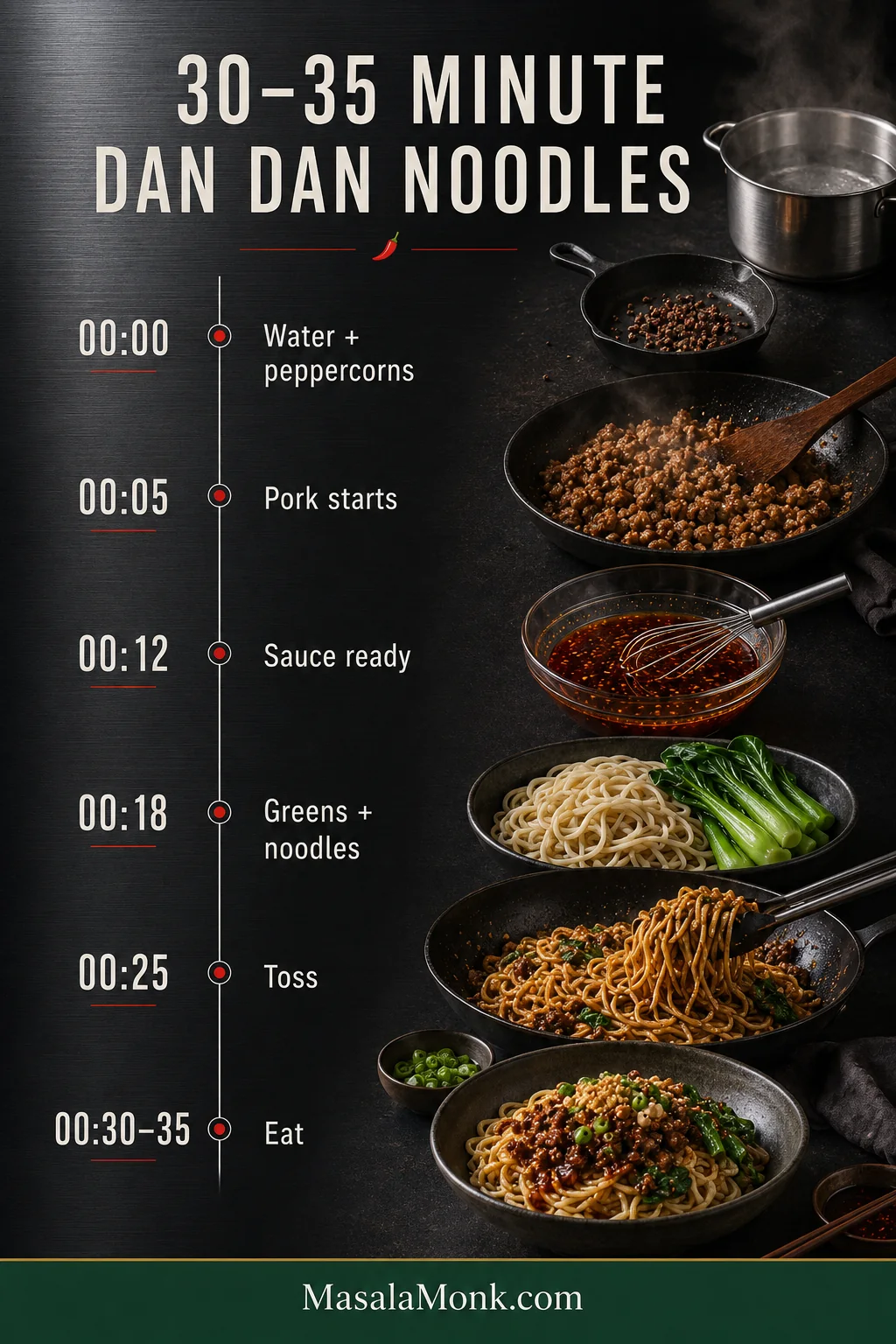 Timeline for 30–35 minute Dan Dan noodles showing water heating and peppercorn toasting, pork cooking, sauce mixing, noodles and greens, tossing and serving.