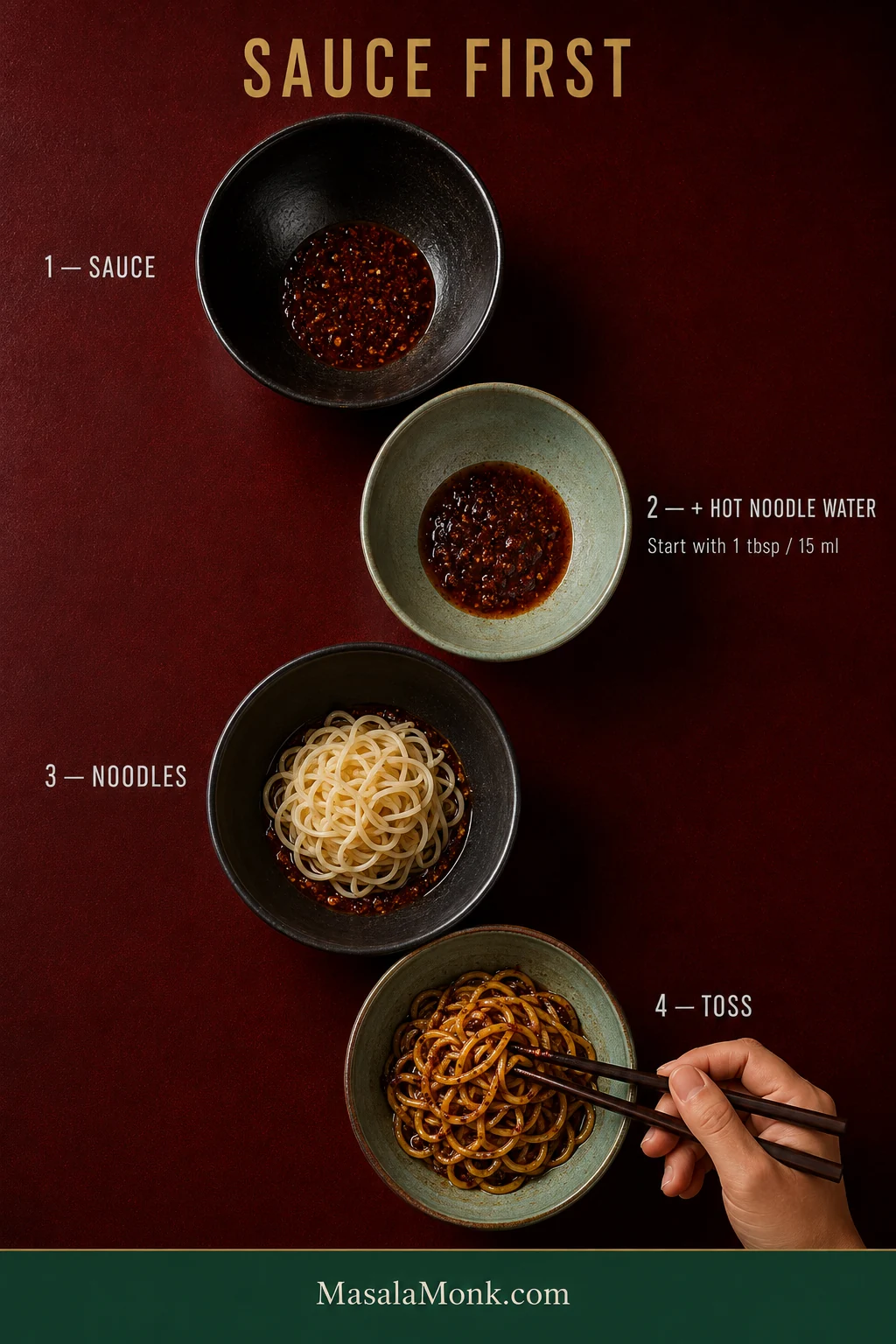 Four-step Dan Dan noodle assembly showing concentrated sauce, a small amount of hot noodle water, drained noodles added and noodles tossed until coated.