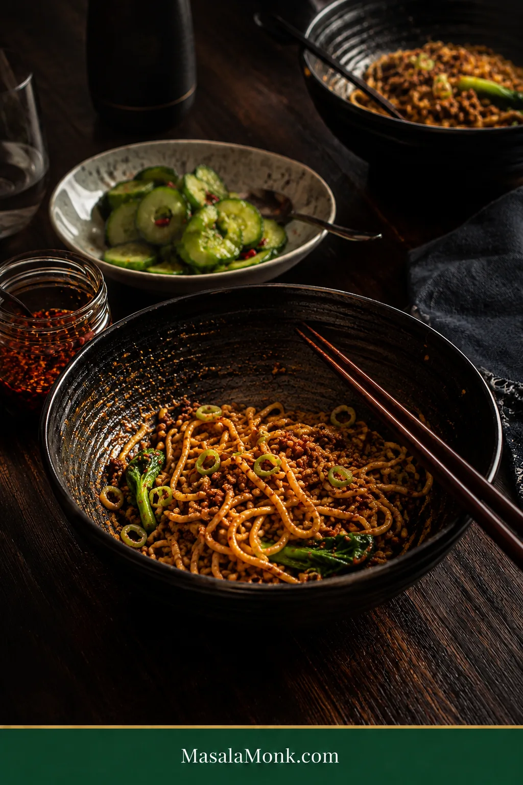 Partly eaten bowl of Dan Dan noodles on a dark dinner table with chopsticks, chili oil, cucumber salad and a second bowl in the background.