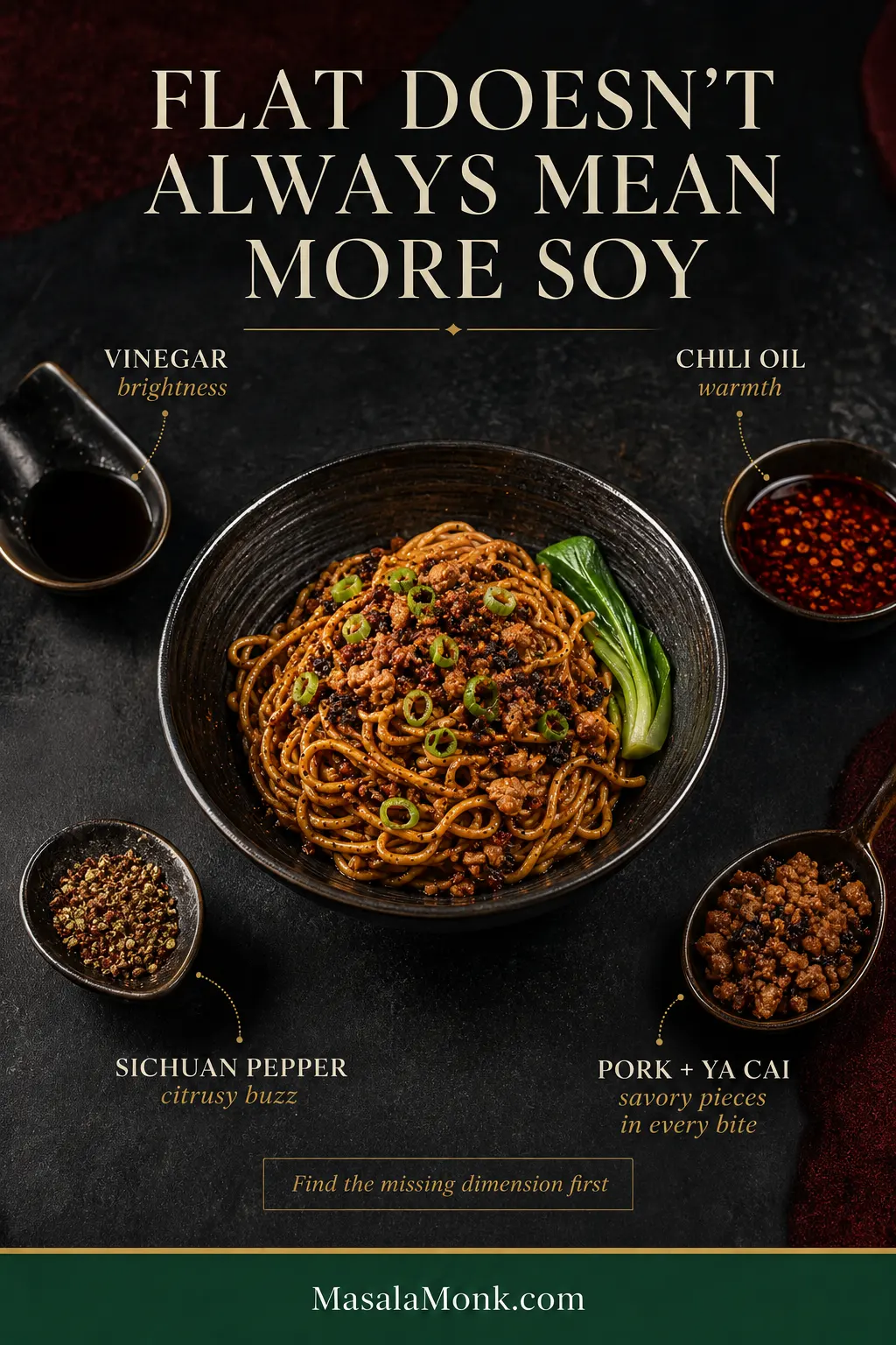 Dan Dan noodle bowl surrounded by Chinkiang vinegar, chili oil, Sichuan pepper and pork with ya cai, each labeled for the flavor dimension it adds.