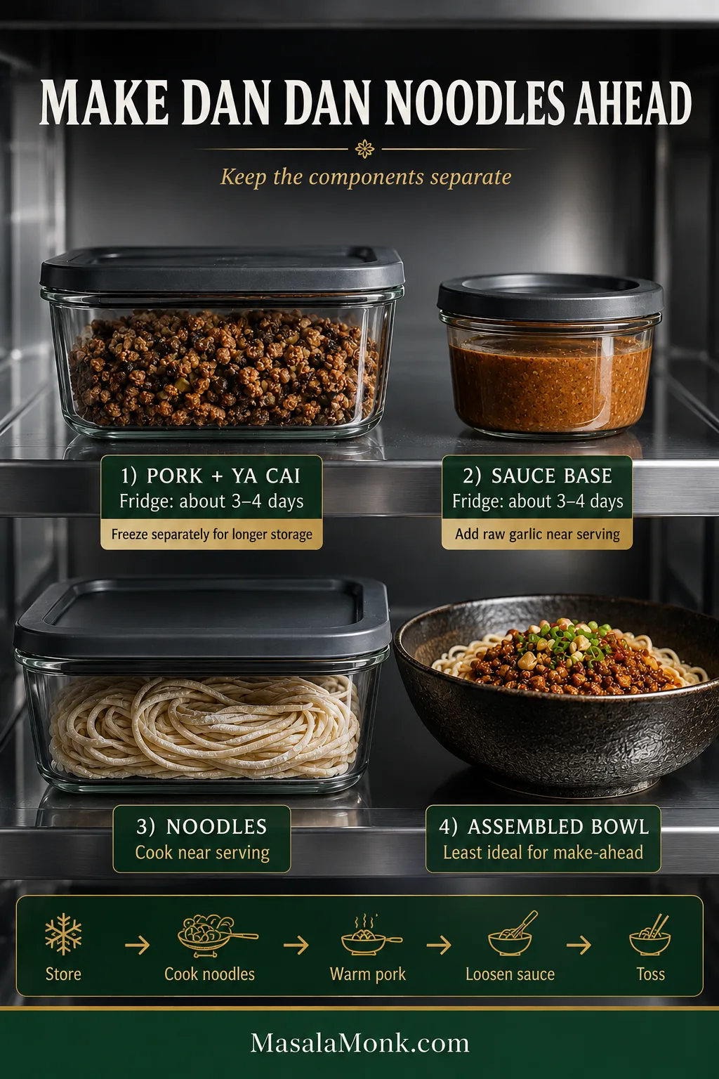 Make-ahead Dan Dan noodle components stored separately: pork with ya cai, reddish-brown sauce base, fresh uncooked noodles and an assembled bowl marked least ideal for storage.