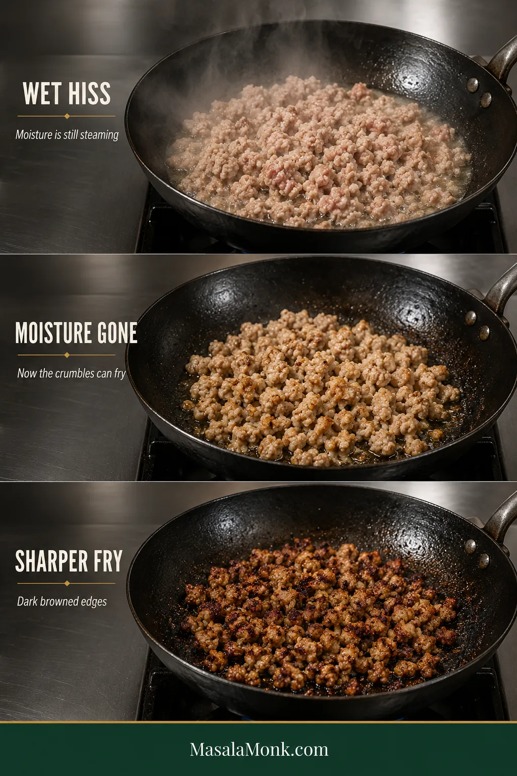 Three stages of ground pork cooking: pale and wet with steam, drier after moisture evaporates, then browned with crisp edges.