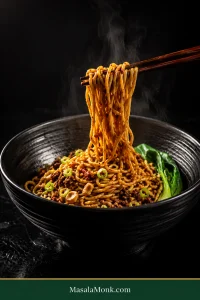 Bowl of Dan Dan noodles with thin sauce-coated wheat noodles, browned ground pork, ya cai, scallions and greens, with a small bundle lifted by chopsticks.
