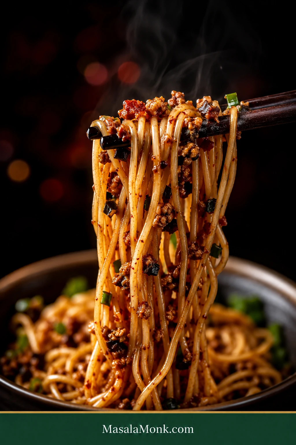 Close-up of thin Dan Dan noodles lifted with chopsticks, showing separated strands evenly coated with sauce and small pieces of browned pork and ya cai.