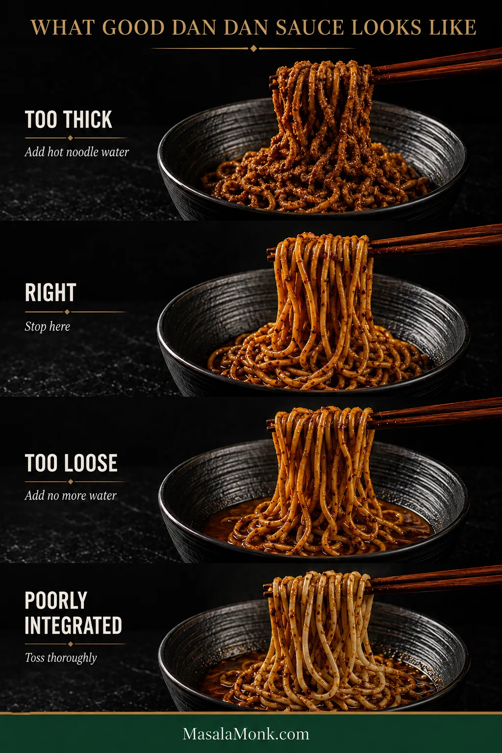Four sauce states on noodles: too thick and clumped, correctly glossy and separated, too loose with liquid pooling below, and poorly integrated with uneven oil.