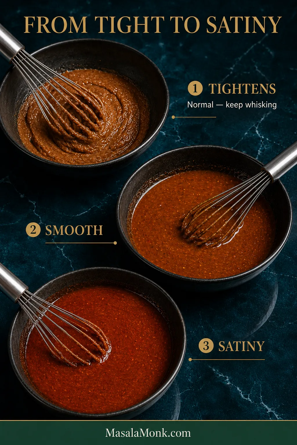 Three Dan Dan sauce stages showing a thick tightened sesame mixture, a smoother blended sauce and a final glossy reddish-brown satiny sauce.