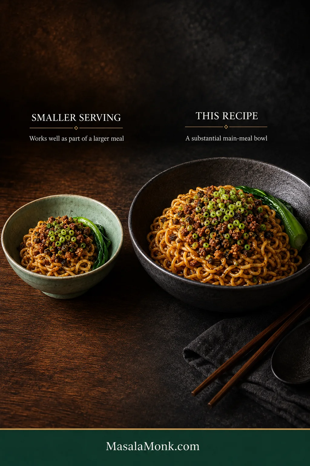 Two servings of Dan Dan noodles side by side, comparing a smaller bowl for a shared meal with a more substantial main-meal portion.