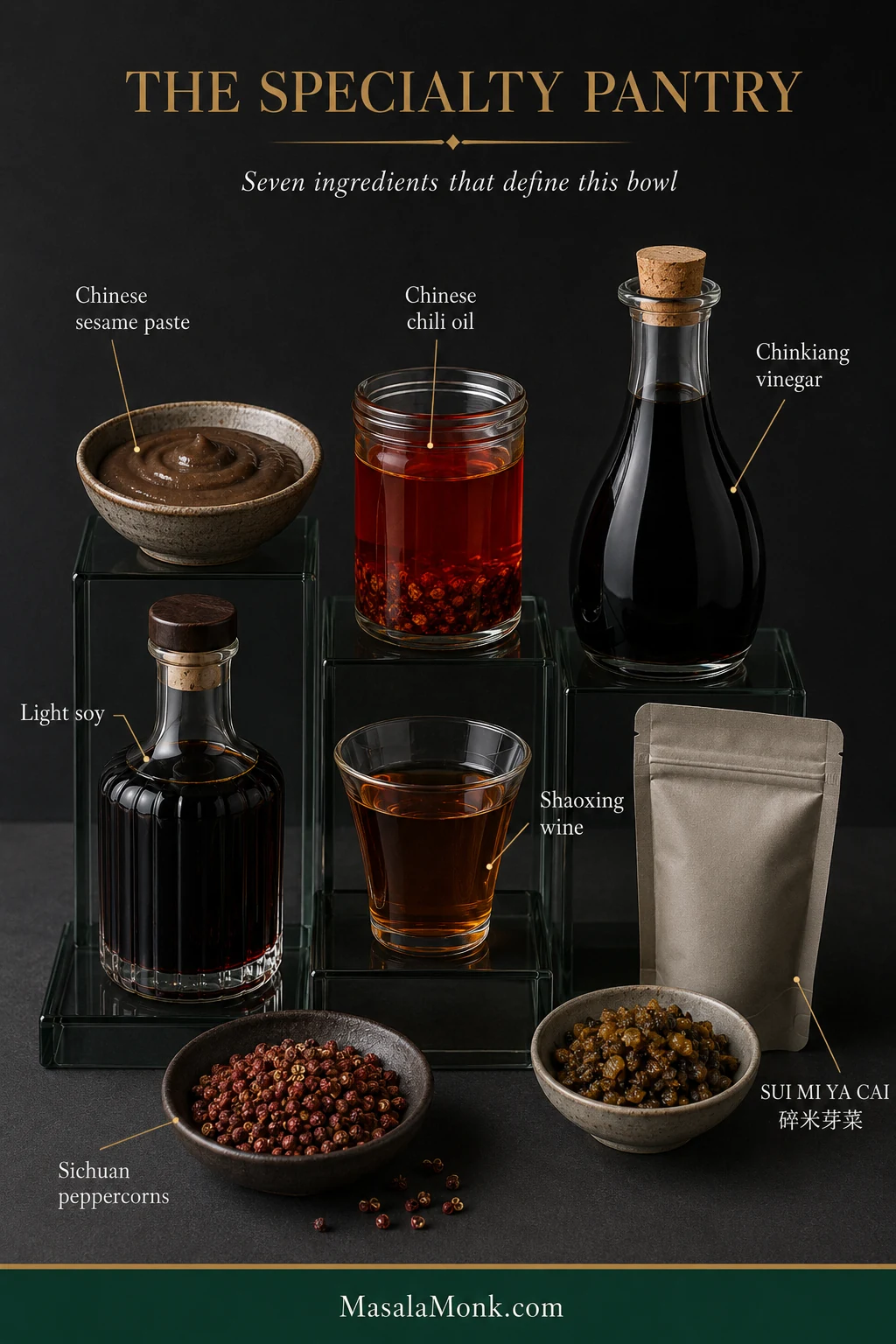 Seven specialty ingredients for Dan Dan noodles: Chinese sesame paste, chili oil, Chinkiang vinegar, light soy, Shaoxing wine, sui mi ya cai and Sichuan peppercorns.