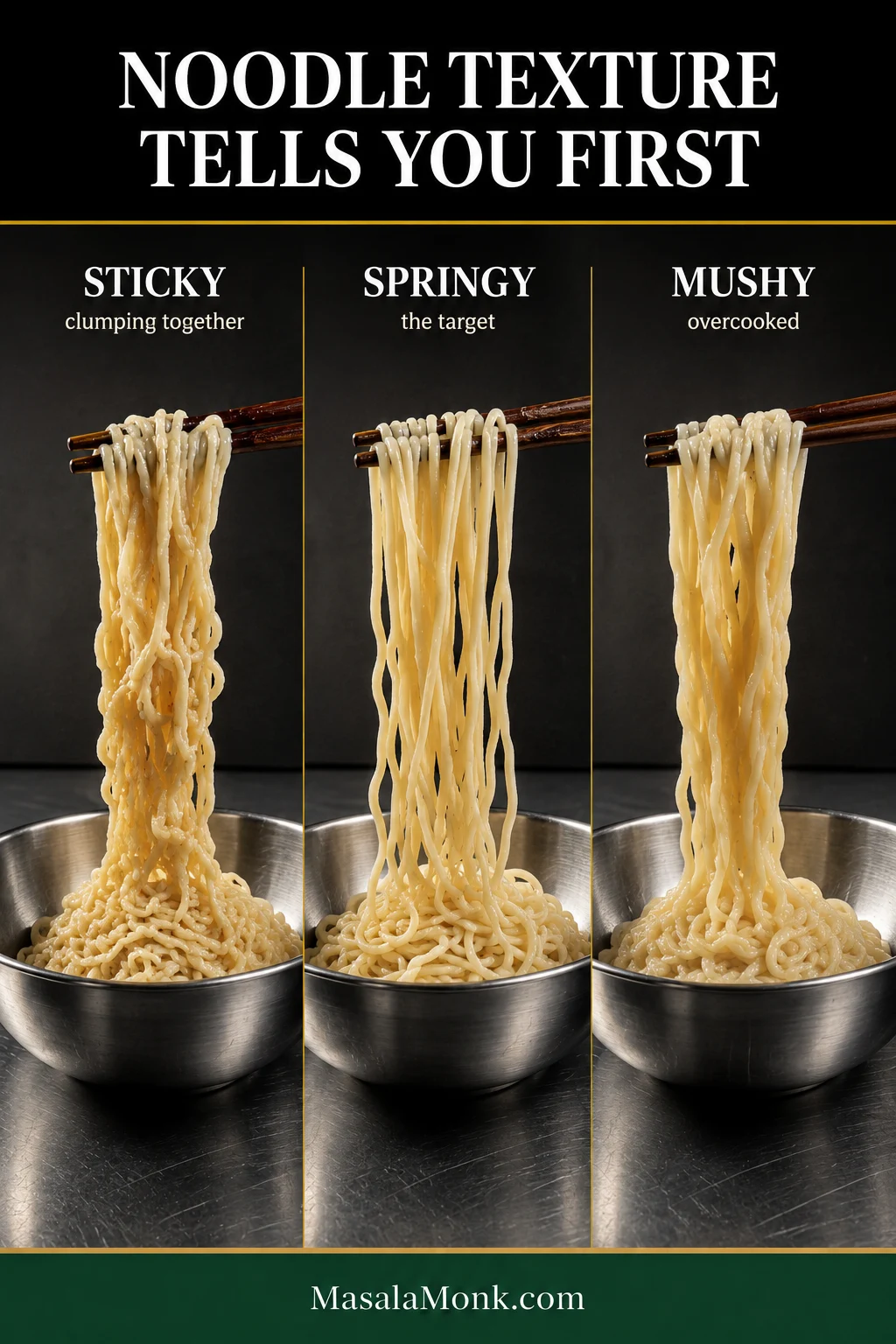 Three controlled noodle lifts comparing sticky clumped noodles, springy separated noodles as the target and limp swollen noodles that are overcooked.