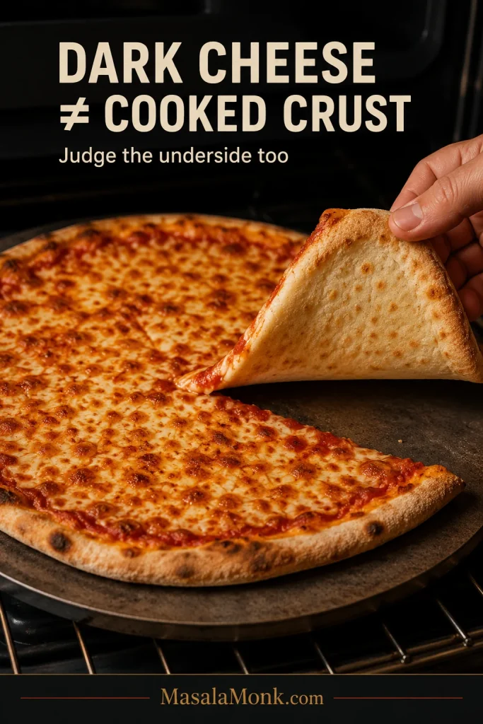 Cheese pizza with a deeply browned top and one slice lifted to reveal a noticeably pale underside inside a home oven.