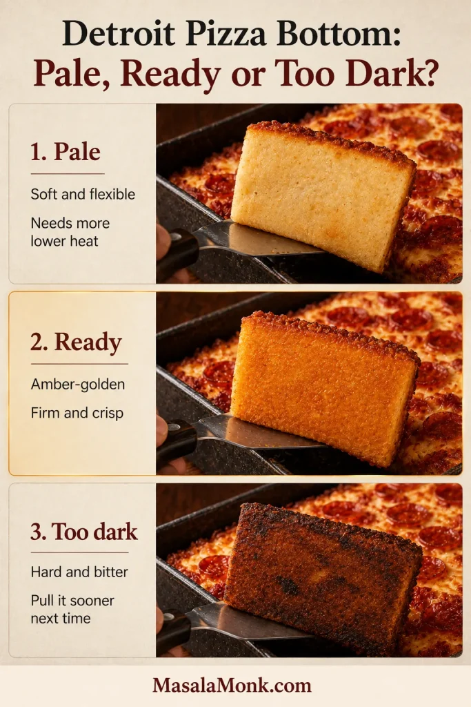 Three matching pizza undersides showing a pale flexible base, an evenly amber-golden crisp base, and an overly dark hard base.