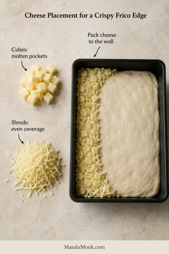 Cubed and shredded cheese beside proofed dough, with cheese packed tightly against the wall and corner of a dark rectangular pan.