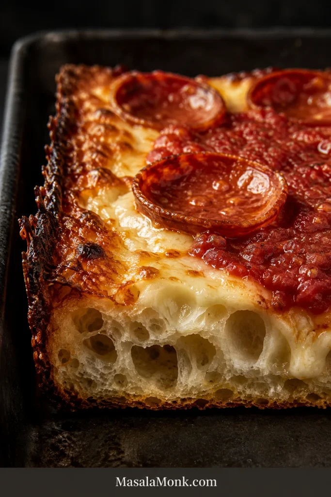 Close-up of a Detroit pizza corner with two caramelized cheese edges, open crumb, melted cheese, pepperoni, tomato sauce, and a thin golden base.