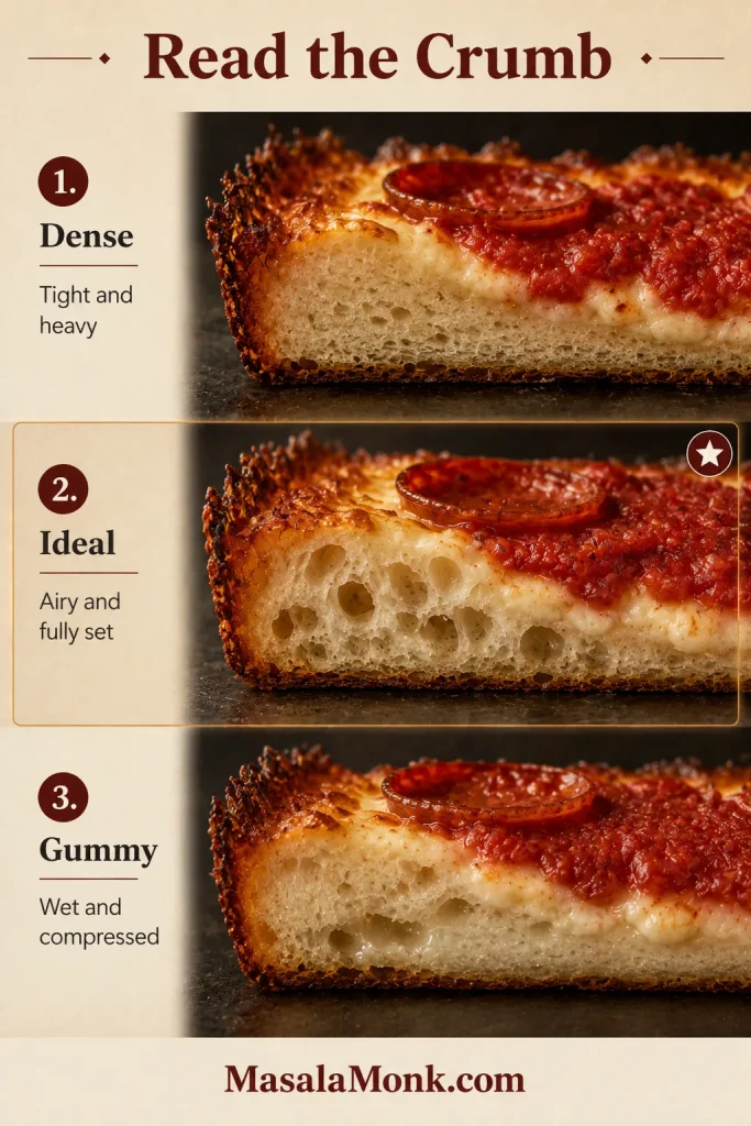 Three Detroit pizza cross-sections showing tight dense crumb, airy fully set crumb, and a wet compressed gummy band inside the crust.