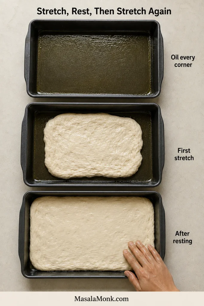 Three dark pans showing an even coating of oil, dough pulling back after its first stretch, and relaxed dough extending farther after resting.