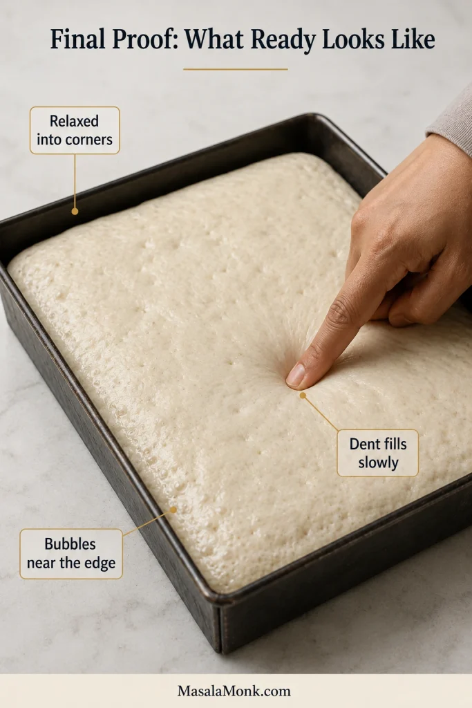 Proofed Detroit pizza dough filling the pan corners with a raised surface, small edge bubbles, and a shallow fingertip indentation.