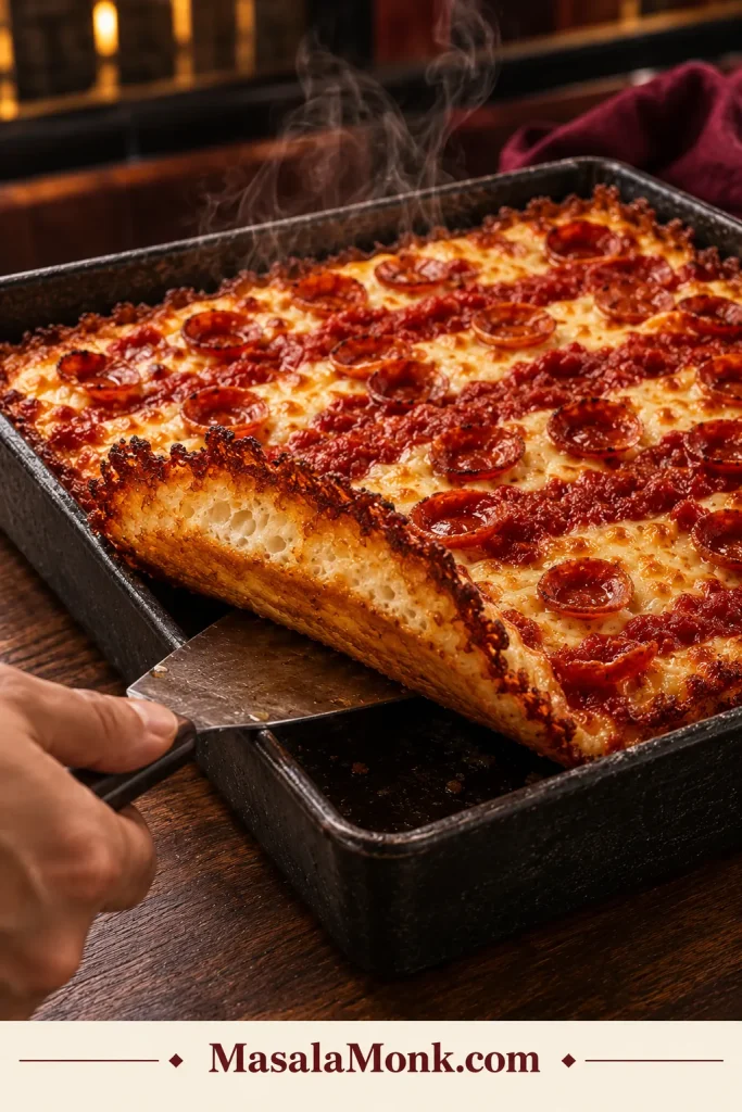 A corner of Detroit-style pizza lifted from the pan to reveal an evenly amber-golden underside beneath its dark caramelized cheese edge.