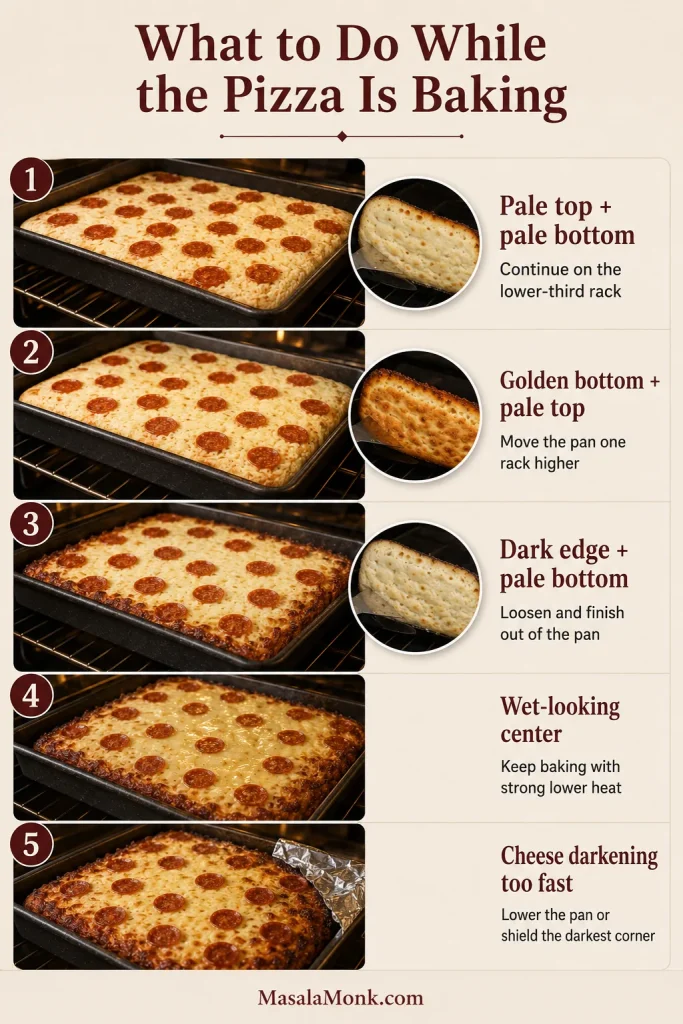 Five Detroit pizza baking states showing pale top and bottom, golden bottom with pale top, dark edge with pale bottom, wet center, and rapidly darkening cheese.