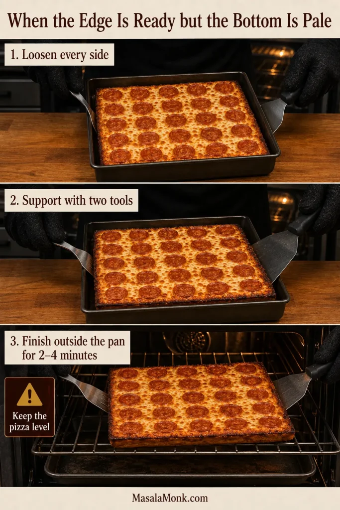 Three-step sequence showing a baked Detroit pizza loosened from its pan, supported level with two tools, and placed directly on an oven rack.