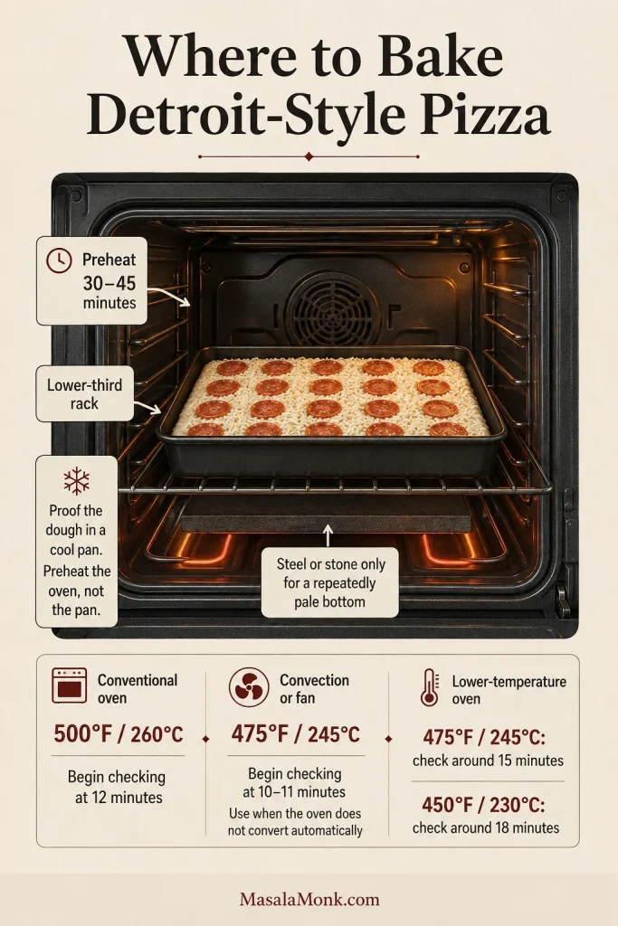 Oven diagram showing an unsauced Detroit pizza on the lower-third rack, with an optional baking steel beneath it and several temperature guides.