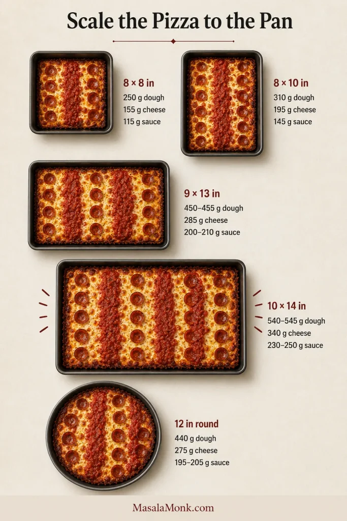 Five pizza pans labeled with dough, cheese, and sauce quantities for square, rectangular, and round Detroit-style pizzas.