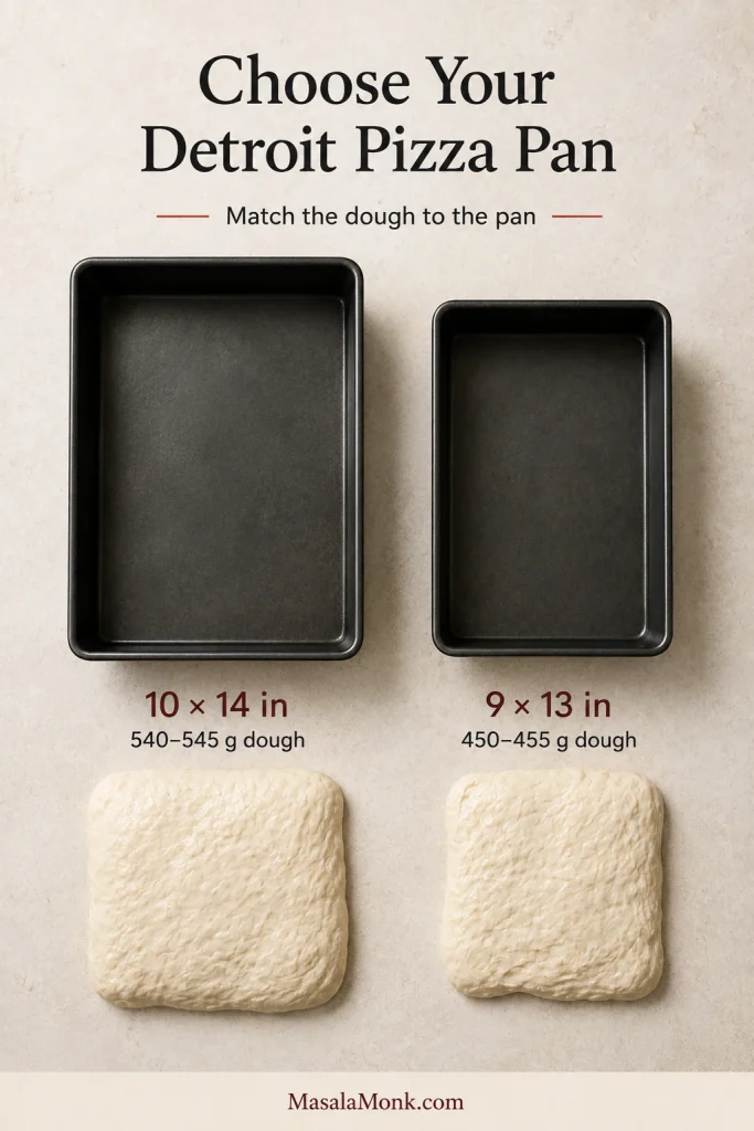 A 10 × 14-inch Detroit pizza pan with 540–545 grams of dough beside a 9 × 13-inch pan with 450–455 grams.