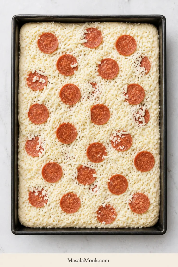 Unbaked Detroit-style pepperoni pizza with risen dough, cheese covering the center and touching every pan wall, and pepperoni arranged on top.