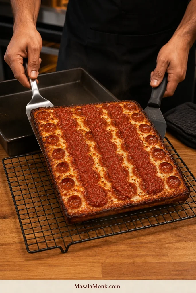 Whole Detroit-style pepperoni pizza supported with two heat-safe spatulas while being transferred from its pan to a wire cooling rack.