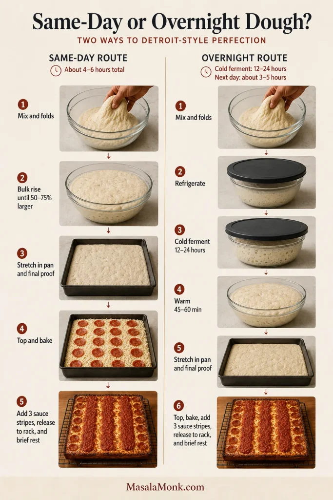 Two Detroit pizza dough timelines comparing a four-to-six-hour same-day method with overnight refrigeration and next-day warming and proofing.