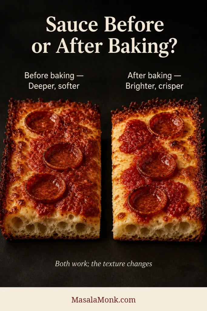 Two Detroit pizza slices comparing darker sauce baked with the pizza and brighter tomato sauce added over the cheese after baking.