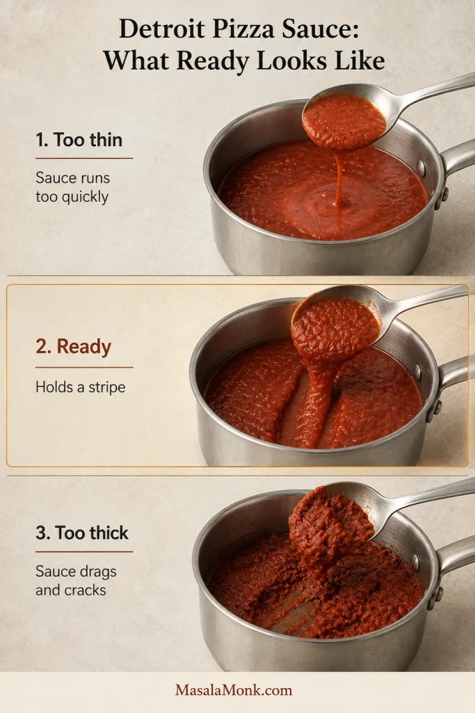 Three tomato sauce examples showing thin runny sauce, properly reduced sauce that holds a stripe, and overly thick dry sauce.