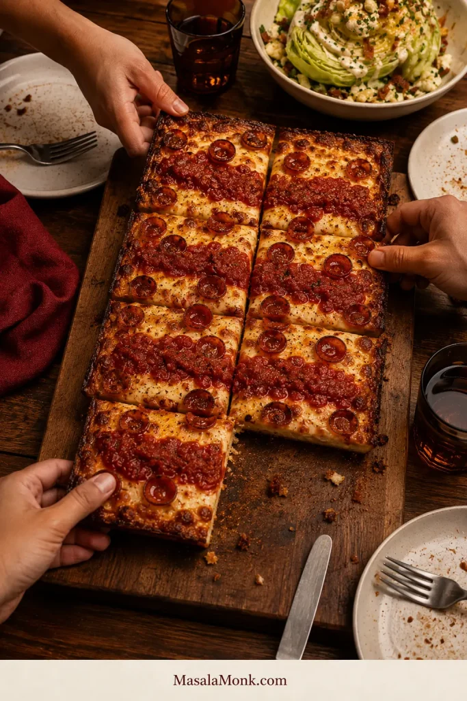 Sliced Detroit-style pepperoni pizza on a shared table with one corner missing, hands reaching for slices, plates, glasses, and salad nearby.
