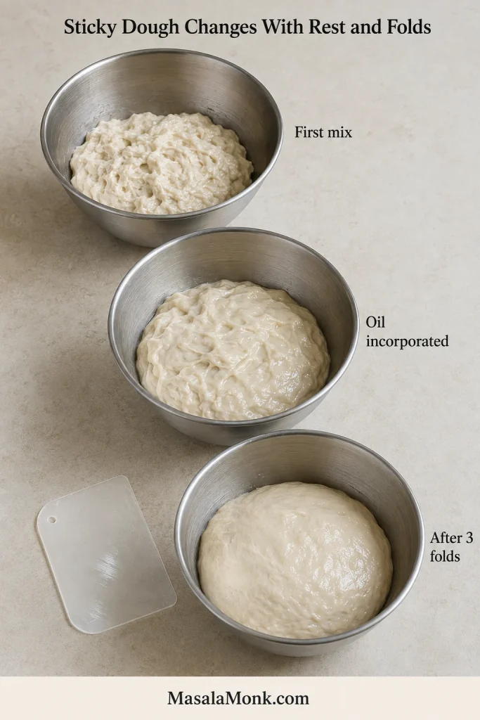 Three stainless bowls showing sticky pizza dough after mixing, during oil incorporation, and after several strengthening folds.