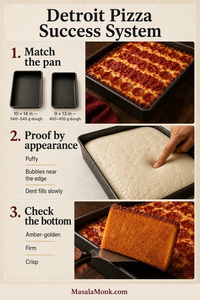Three-part Detroit pizza guide showing correctly sized dough portions, puffy proofed dough, and an evenly amber-golden pizza underside.
